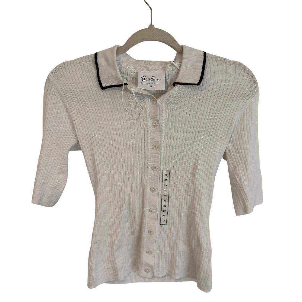 Walter Hagen Clubhouse Ribbed Polo Cardigan White Black Trim XS WGH1001 NEW